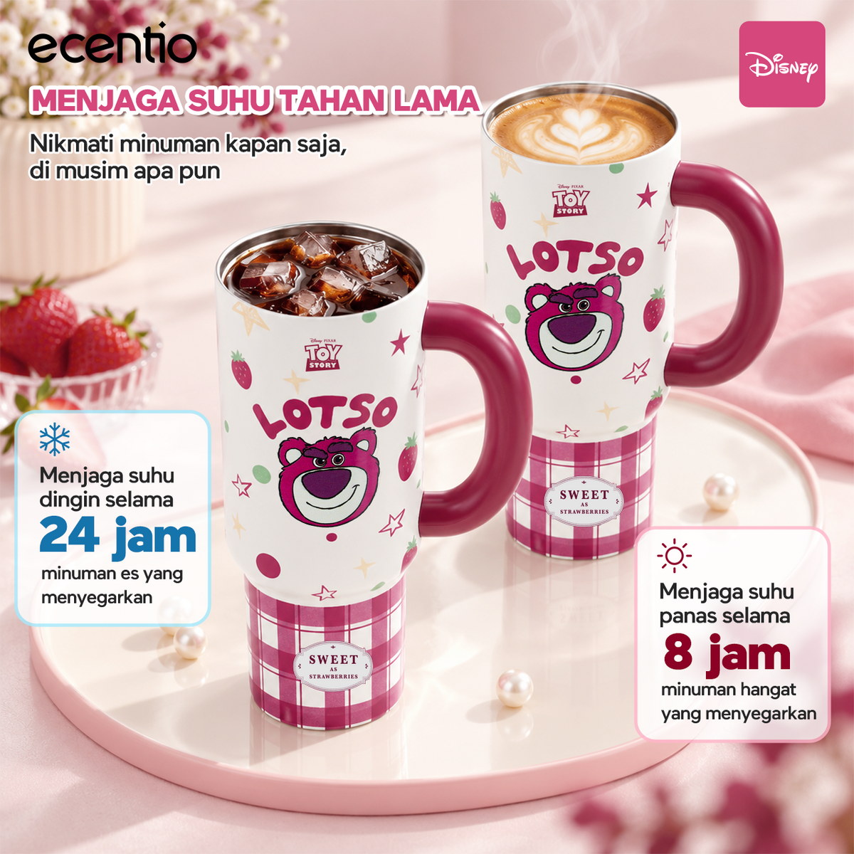 [Lotso][HOT] ecentio Tumbler Stainless Steel 1200ml Lotso Disney Botol Minum Termos Vacuum Tahan Dingin Panas 24 Jam Anti Bocor dengan Sedotan Aesthetic Portable
