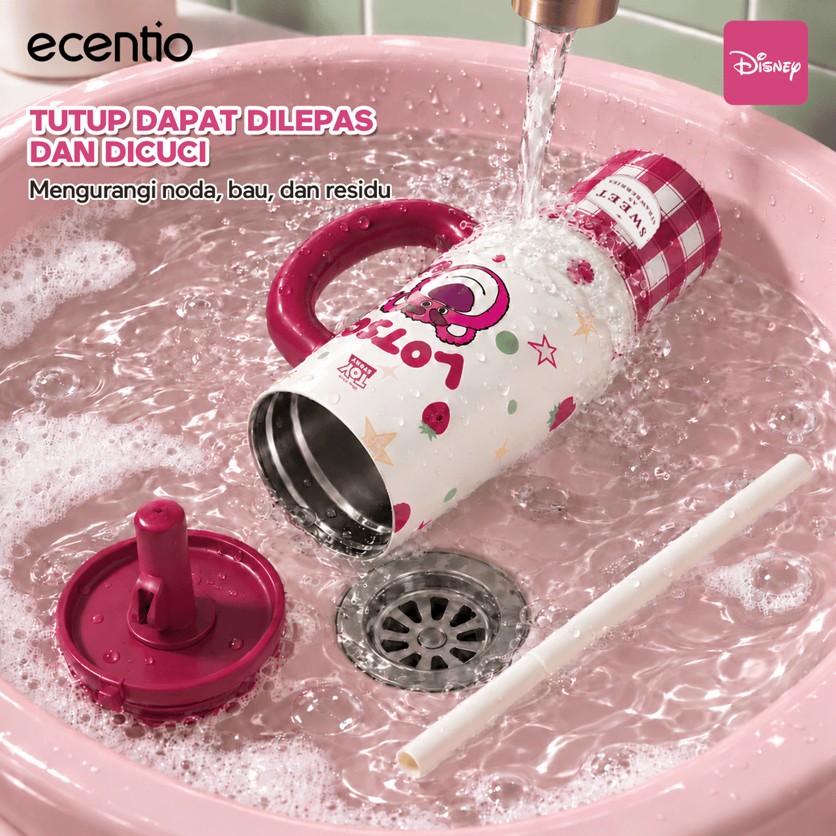 [Lotso][HOT] ecentio Tumbler Stainless Steel 1200ml Lotso Disney Botol Minum Termos Vacuum Tahan Dingin Panas 24 Jam Anti Bocor dengan Sedotan Aesthetic Portable