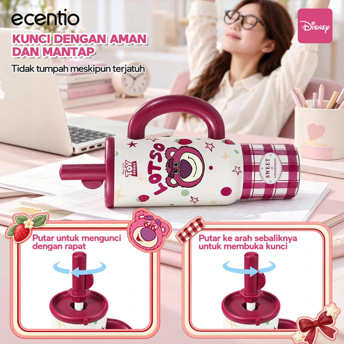 [Lotso][HOT] ecentio Tumbler Stainless Steel 1200ml Lotso Disney Botol Minum Termos Vacuum Tahan Dingin Panas 24 Jam Anti Bocor dengan Sedotan Aesthetic Portable