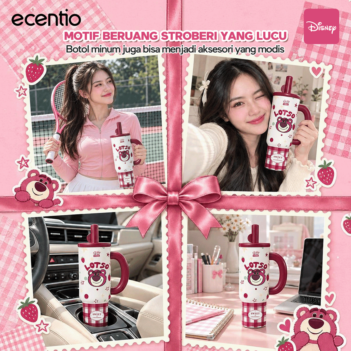 [Lotso][HOT] ecentio Tumbler Stainless Steel 1200ml Lotso Disney Botol Minum Termos Vacuum Tahan Dingin Panas 24 Jam Anti Bocor dengan Sedotan Aesthetic Portable
