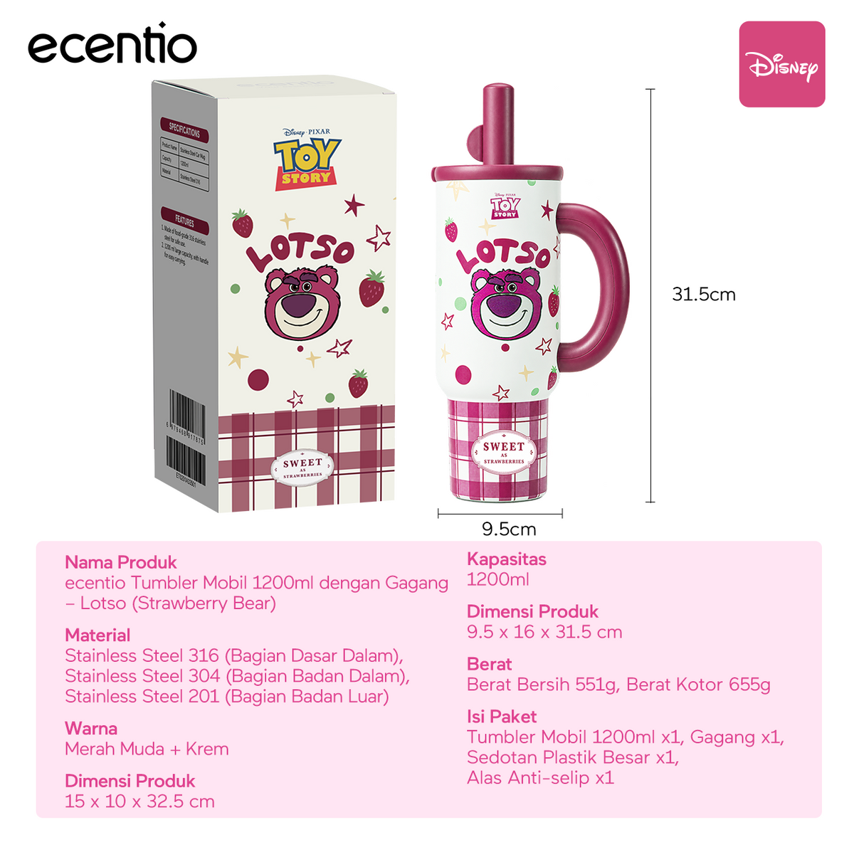 [Lotso][HOT] ecentio Tumbler Stainless Steel 1200ml Lotso Disney Botol Minum Termos Vacuum Tahan Dingin Panas 24 Jam Anti Bocor dengan Sedotan Aesthetic Portable