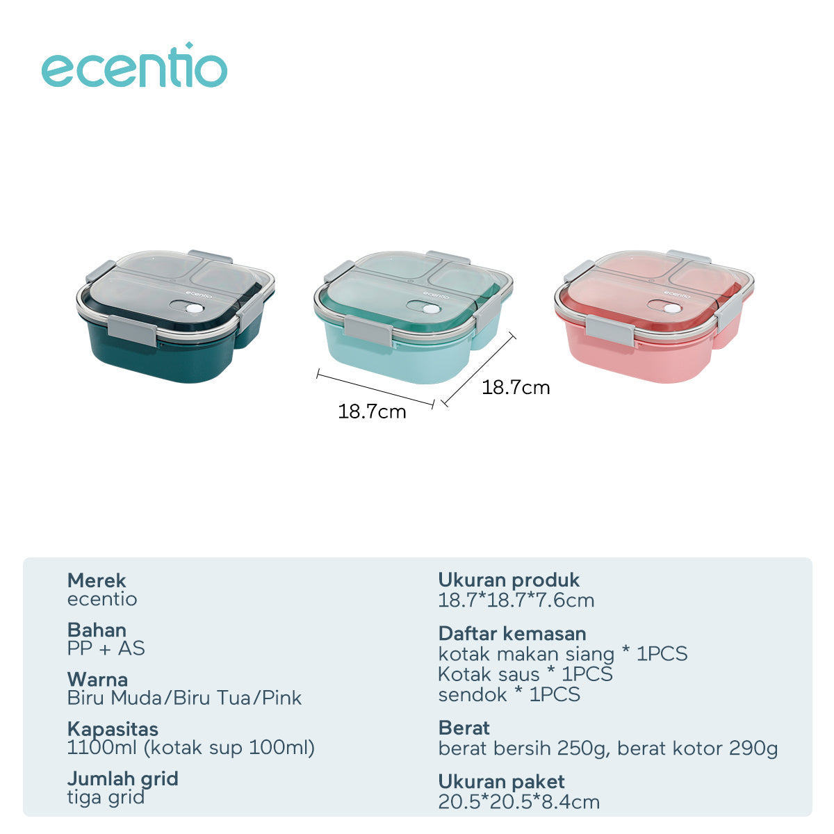 ecentio 3grid 1100ml Kotak makan+Botol minum 2pcs set - ecentio