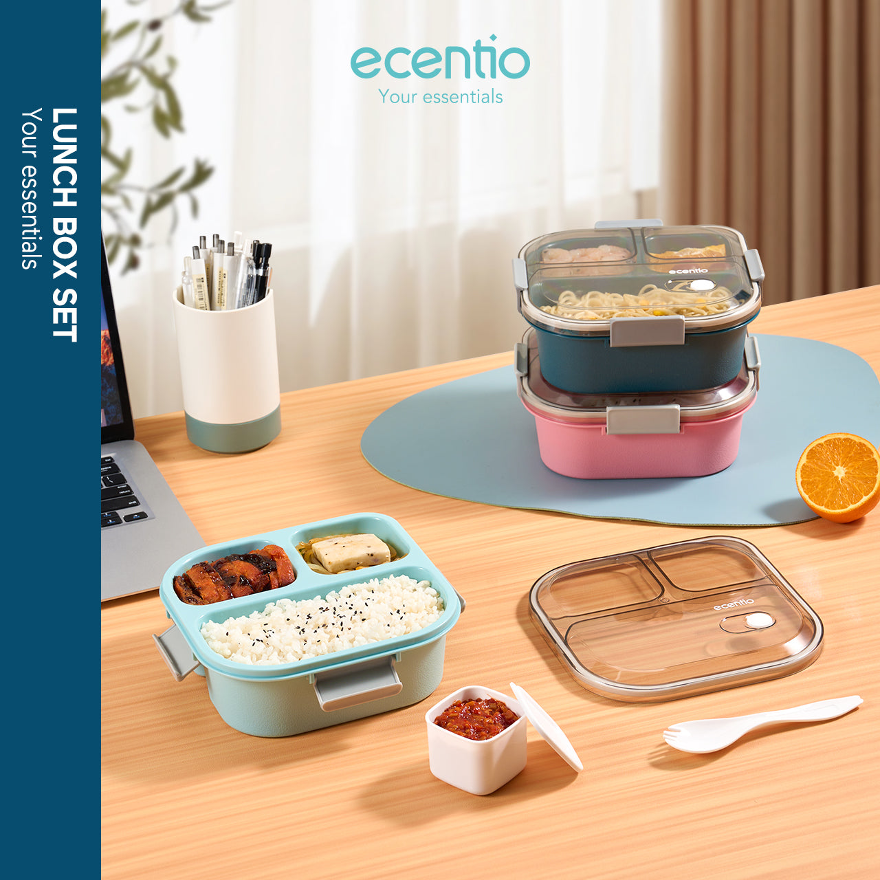 ecentio Anti Tumpah 1100ml Tempat Bekal 3 grid Kotak makan wadah bekal kotak sup 100ml BPA FREE-CF