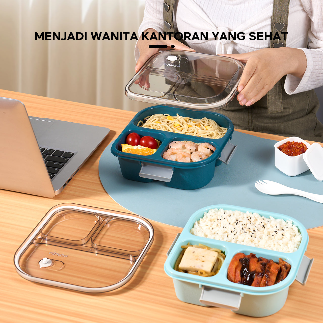 ecentio Anti Tumpah 1100ml Tempat Bekal 3 grid Kotak makan wadah bekal kotak sup 100ml BPA FREE-CF