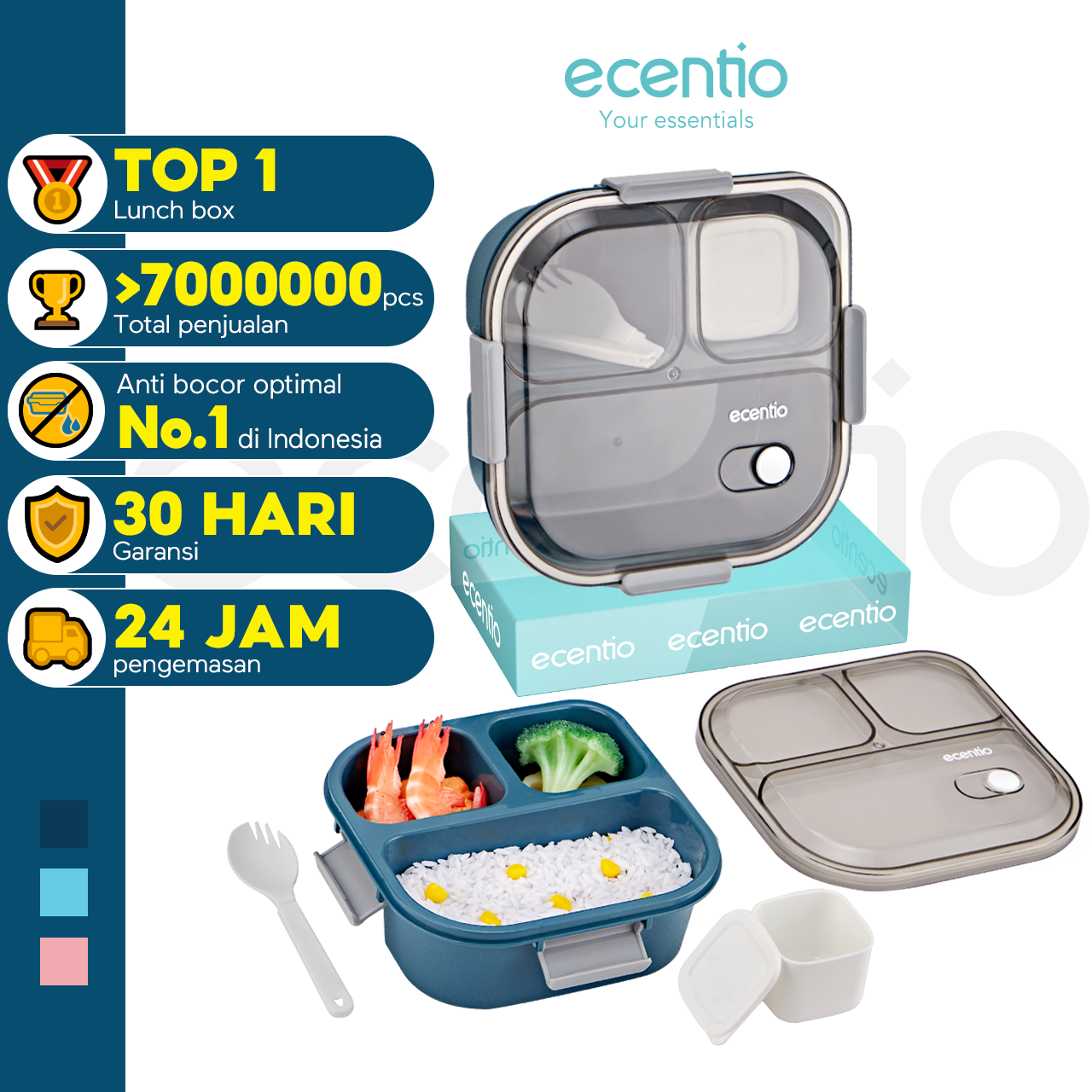 ecentio 3 grid anti tumpah tempat bekal 1100ml Kotak makan wadah bekal kotak sup 100ml BPA FREE-HW