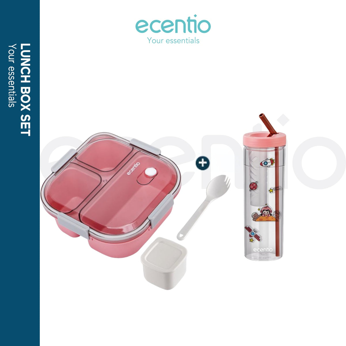ecentio 3grid 1100ml Kotak makan+Botol minum 2pcs set - ecentio