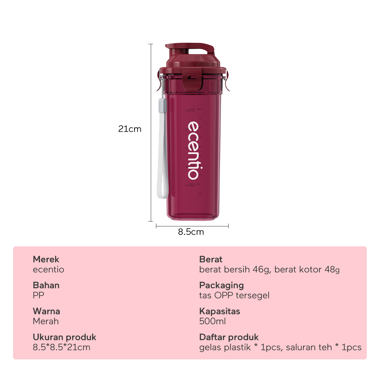 ecentio botol minum aesthetic portable-500ml aesthetic Olahraga bottle tail benning Anti Bocor botol plastik dengan saringan teh botol minum anak laki bpa free botol tumbler
