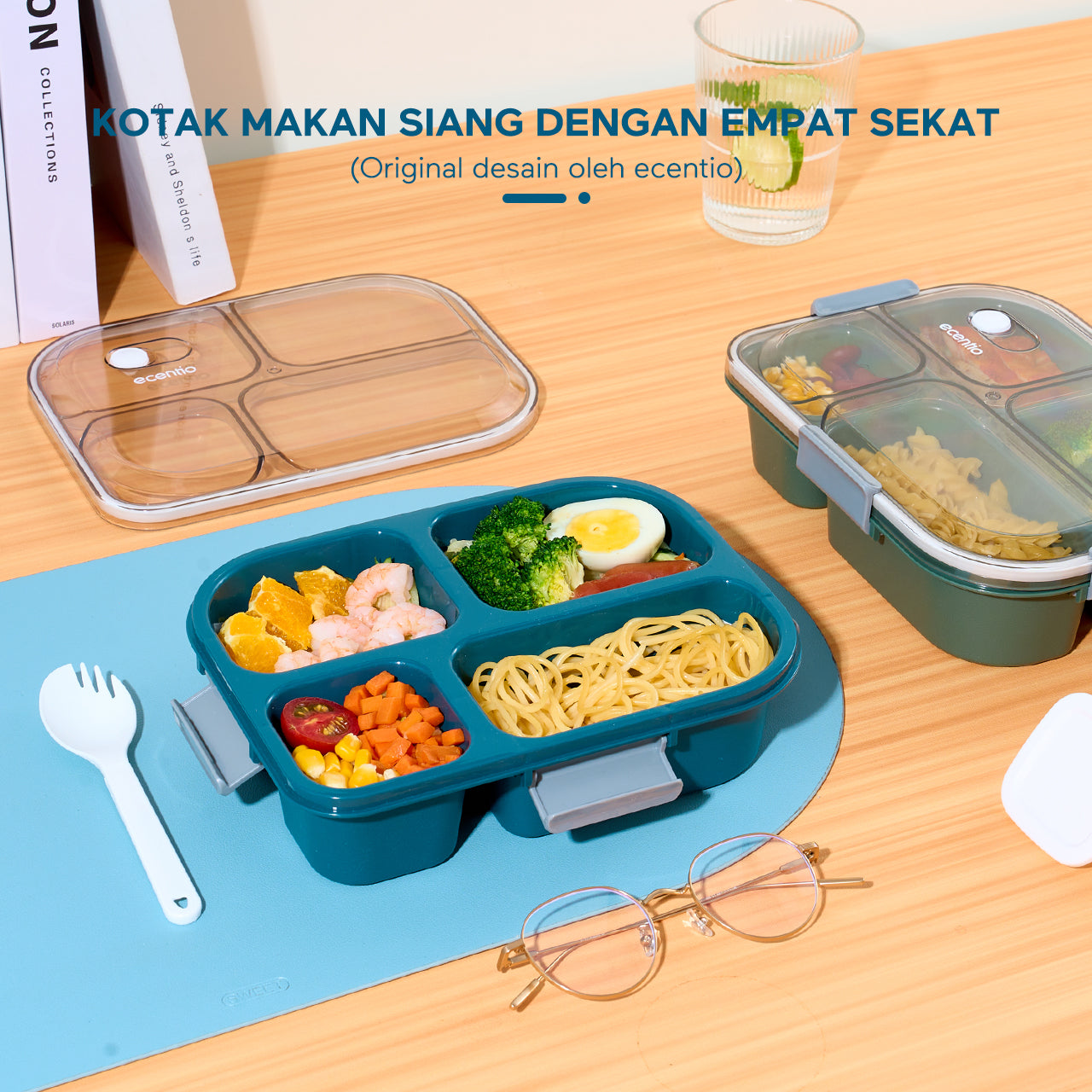 Pemesanan Awal!🌟【BPA FREE】ecentio 1100ml 4 Grid kotak makan kotak bekal anti tumpah lunch box anti tumpah free sendok