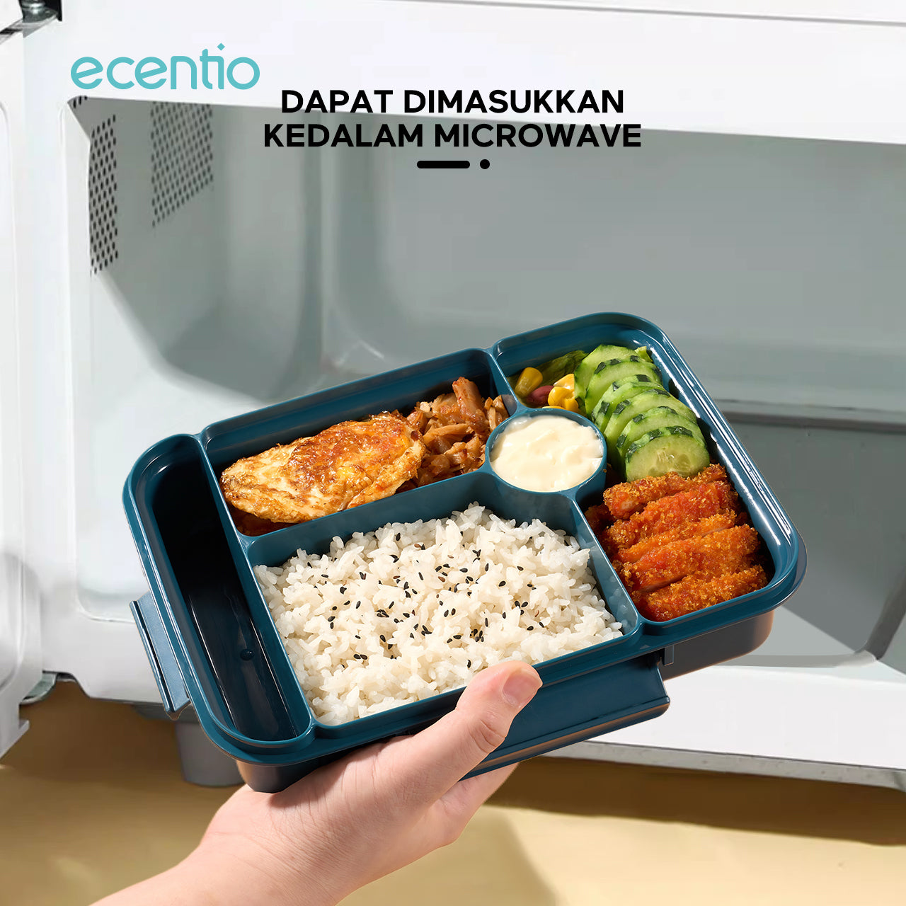 ecentio  3 sekat kotak makan 1000ML+50ML anti bocor lunch box dan kotak saus BPA FREE