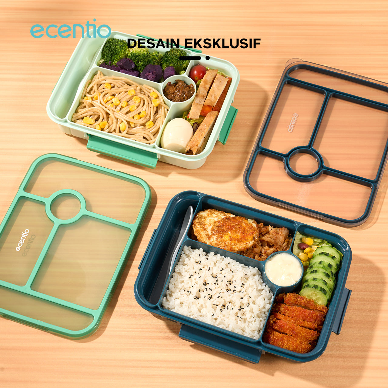 ecentio  3 sekat kotak makan 1000ML+50ML anti bocor lunch box dan kotak saus BPA FREE