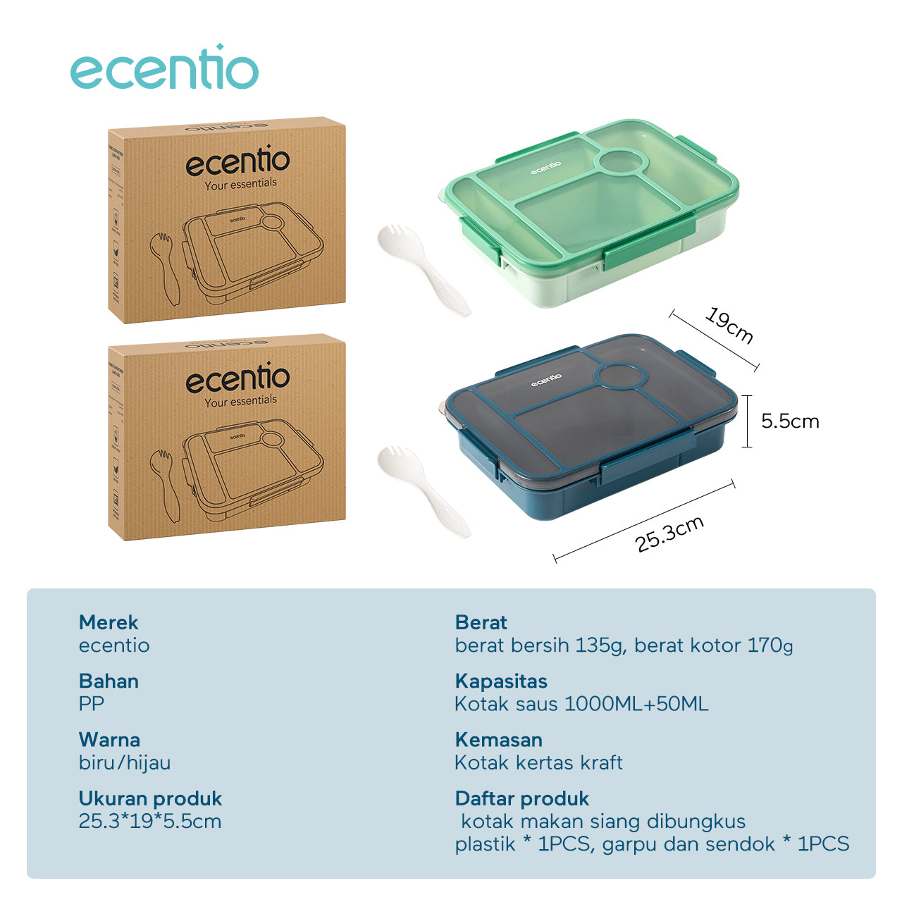 ecentio  3 sekat kotak makan 1000ML+50ML anti bocor lunch box dan kotak saus BPA FREE