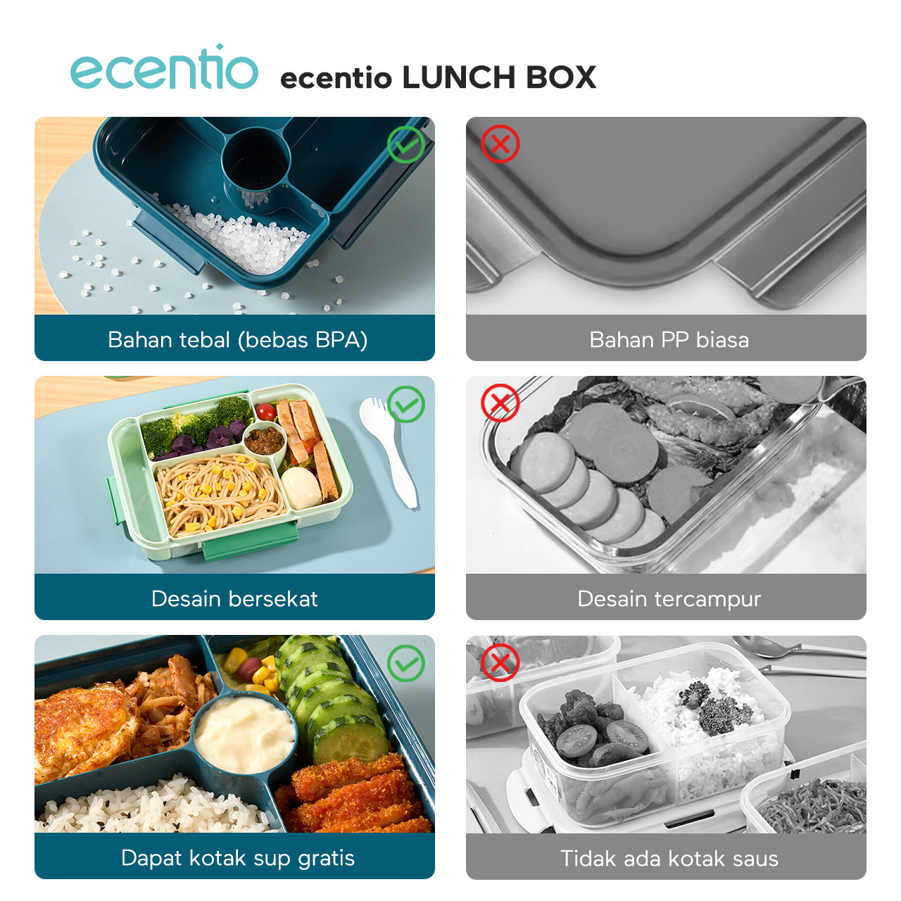 ecentio  3 sekat kotak makan 1000ML+50ML anti bocor lunch box dan kotak saus BPA FREE