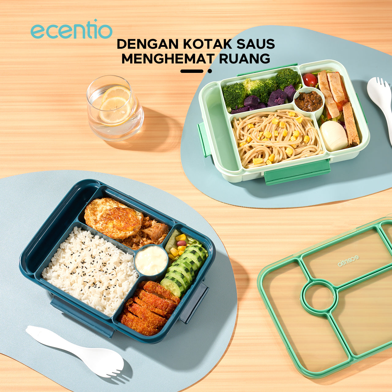 ecentio  3 sekat kotak makan 1000ML+50ML anti bocor lunch box dan kotak saus BPA FREE