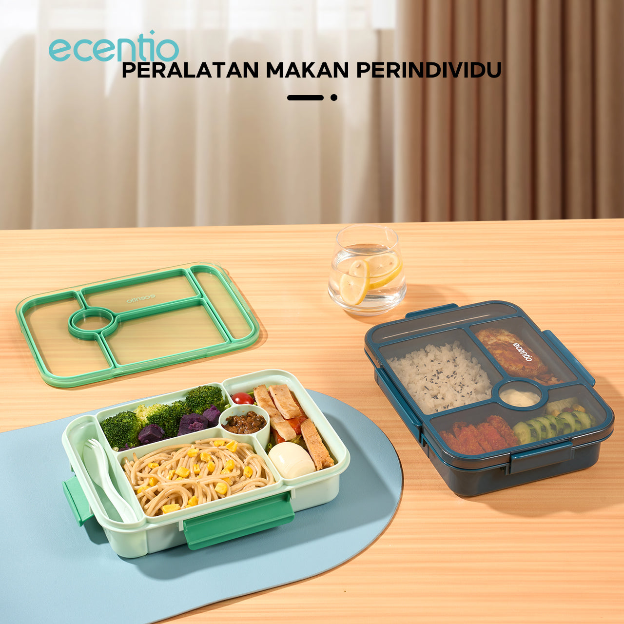 ecentio  3 sekat kotak makan 1000ML+50ML anti bocor lunch box dan kotak saus BPA FREE