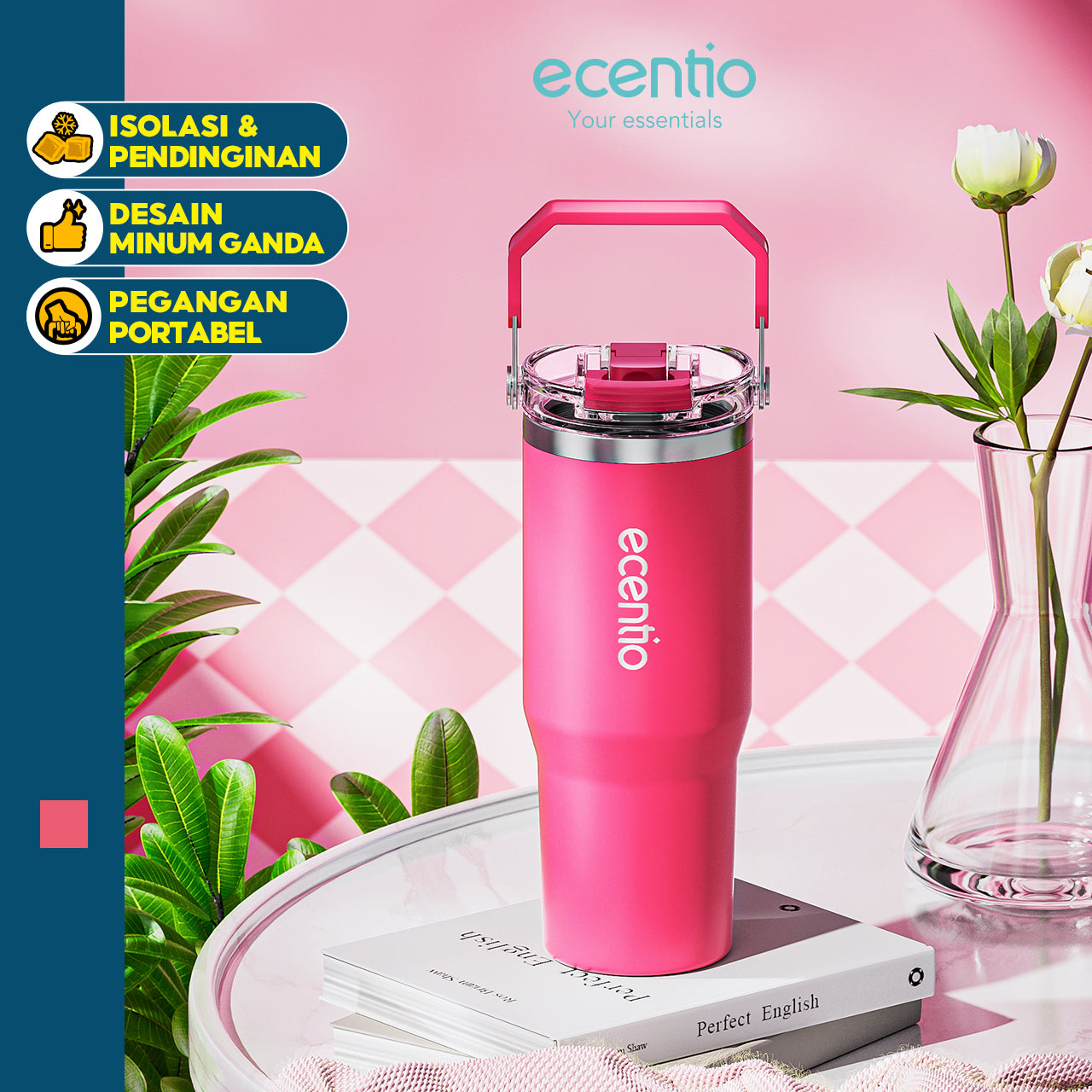 ecentio tumbler stainless 900ml tahan dingin 24 jam botol minum aesthetic warna baru pink & cream white