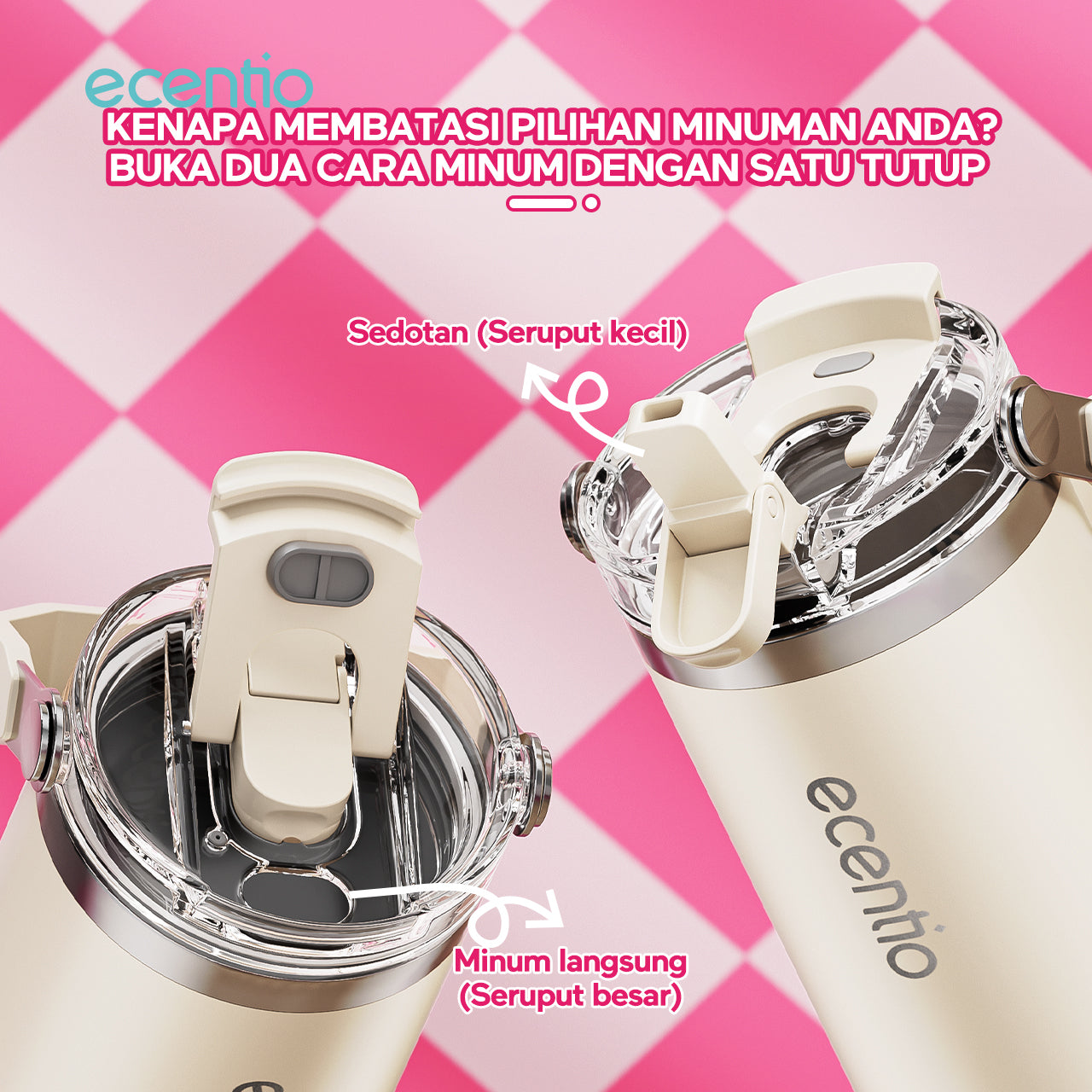 ecentio tumbler stainless 900ml tahan dingin 24 jam botol minum aesthetic warna baru pink & cream white