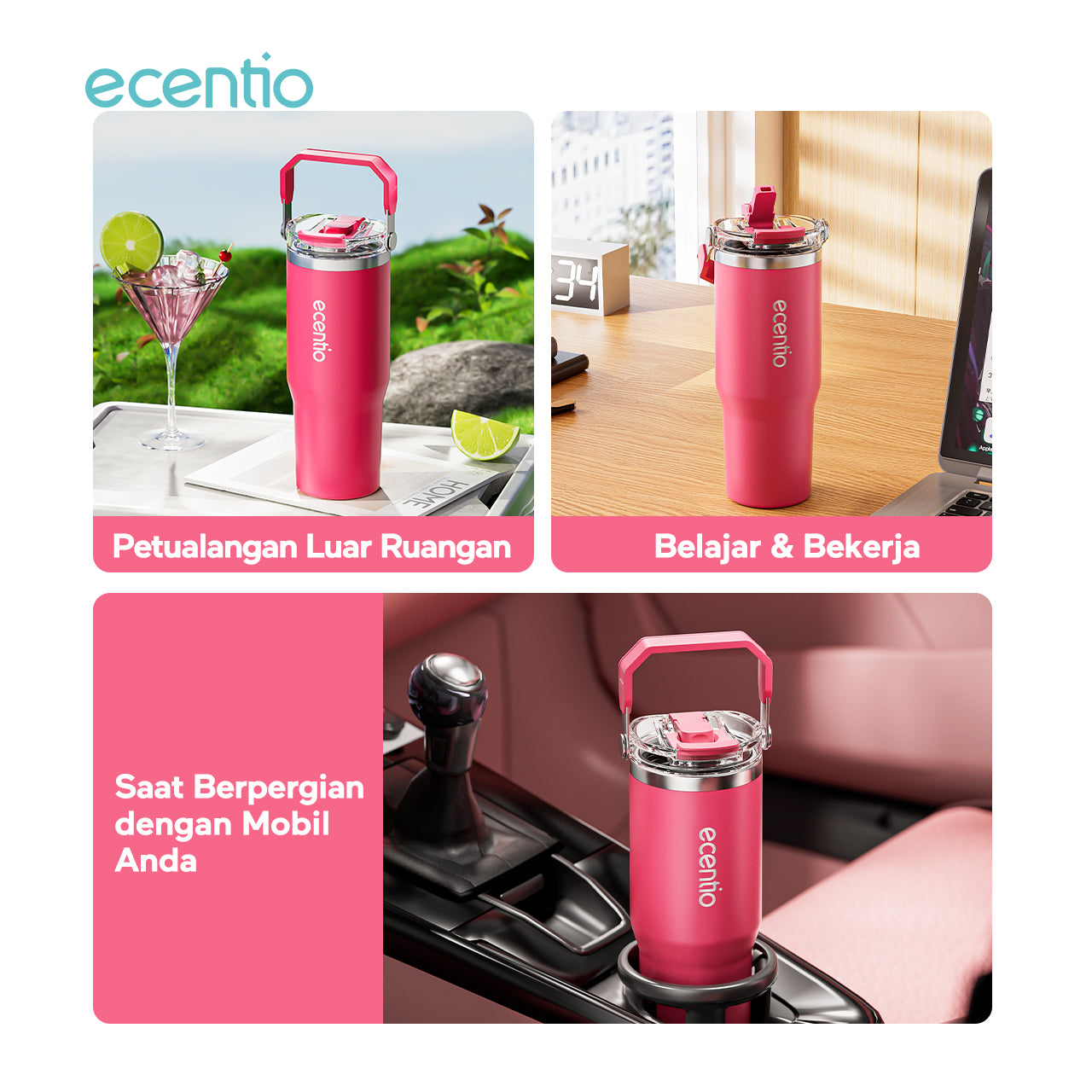 ecentio tumbler stainless 900ml tahan dingin 24 jam botol minum aesthetic warna baru pink & cream white