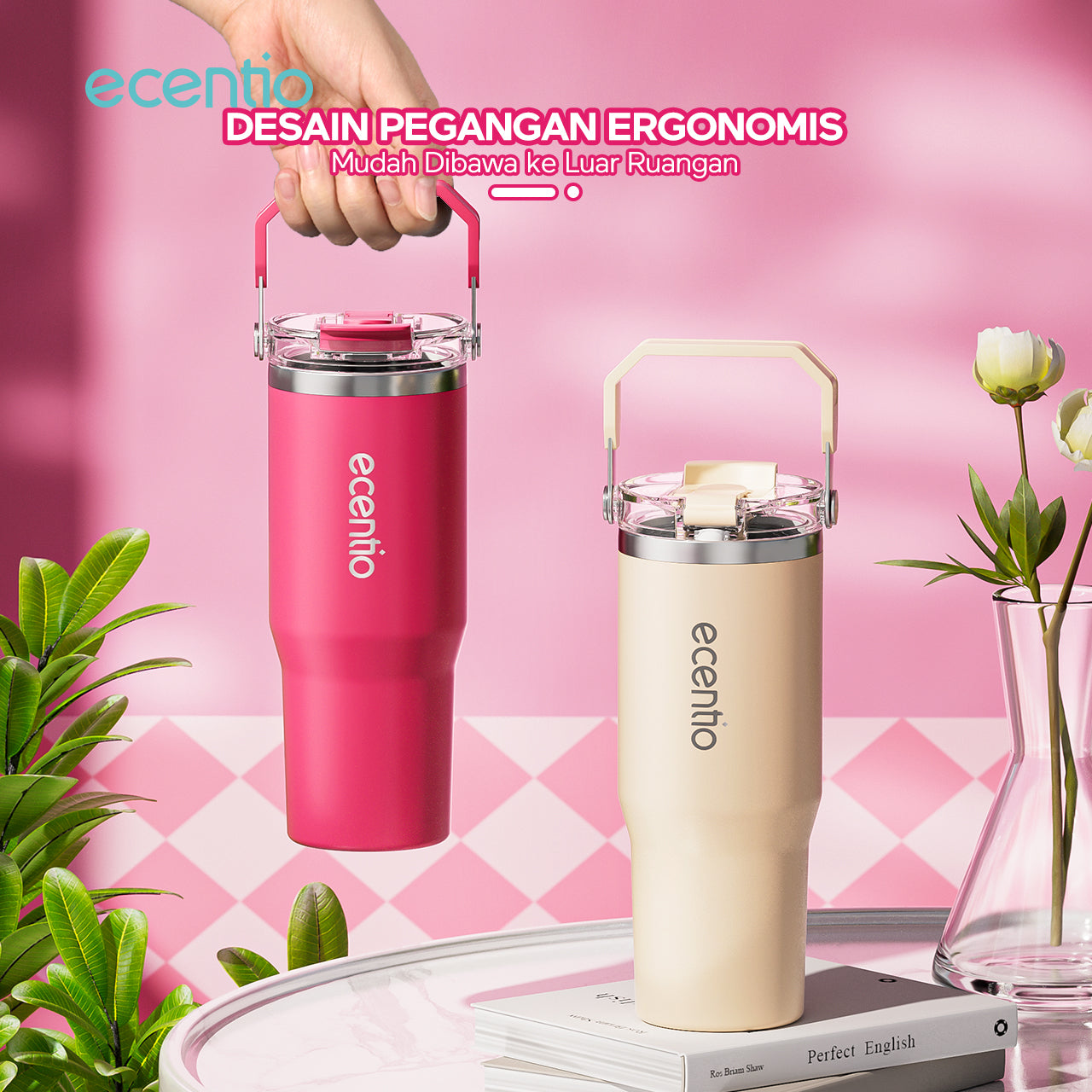 ecentio tumbler stainless 900ml tahan dingin 24 jam botol minum aesthetic warna baru pink & cream white