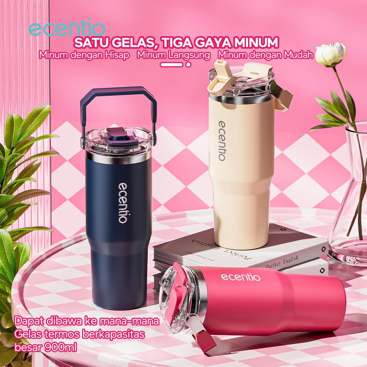 ecentio tumbler stainless 900ml tahan dingin 24 jam botol minum aesthetic warna baru pink & cream white