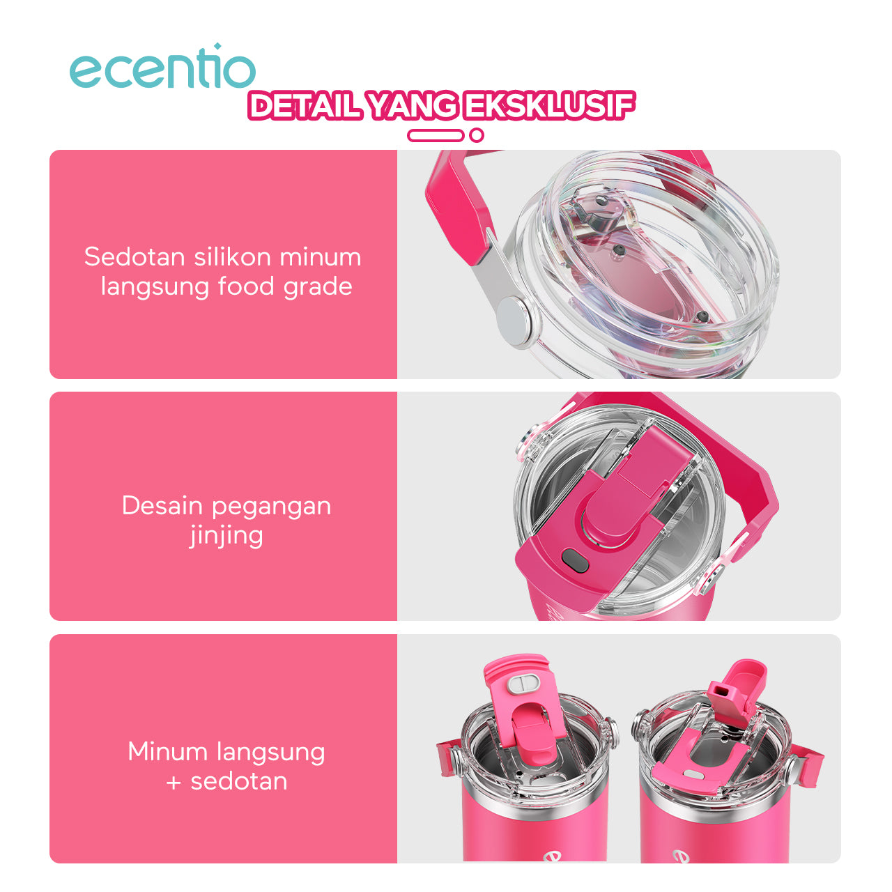 ecentio tumbler stainless 900ml tahan dingin 24 jam botol minum aesthetic warna baru pink & cream white