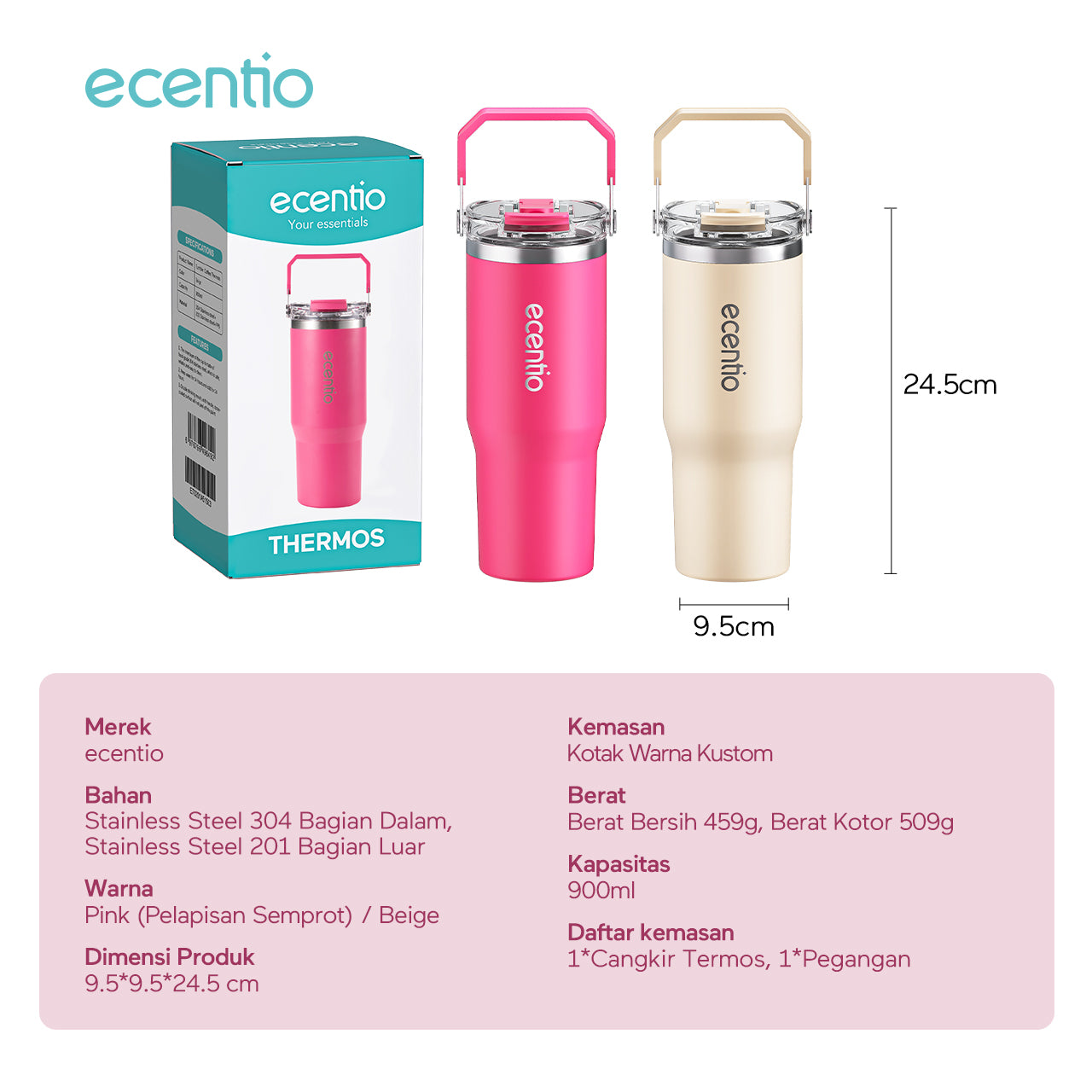 ecentio tumbler stainless 900ml tahan dingin 24 jam botol minum aesthetic warna baru pink & cream white