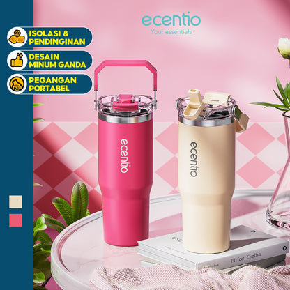 ecentio tumbler stainless 900ml tahan dingin 24 jam botol minum aesthetic warna baru pink & cream white