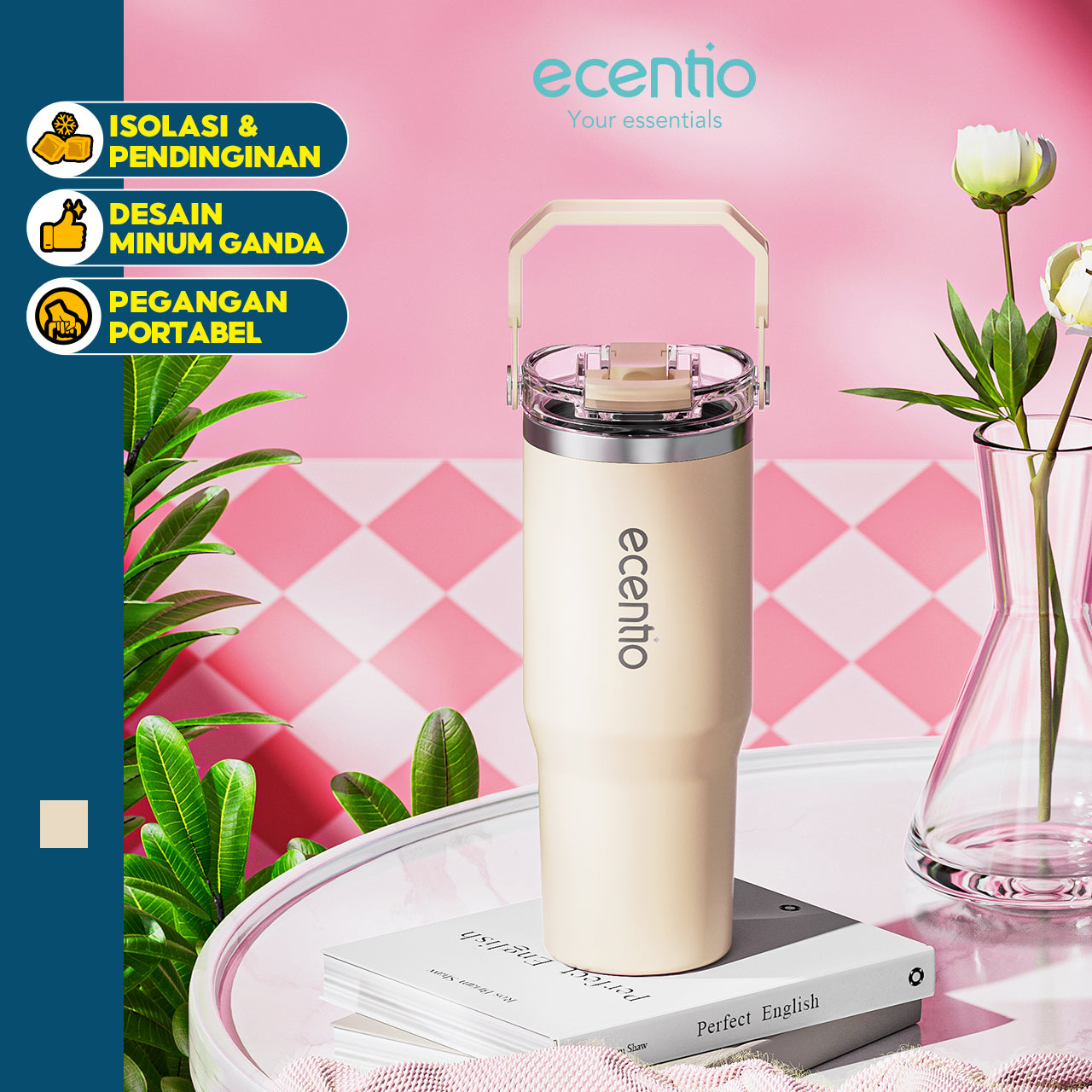 ecentio tumbler stainless 900ml tahan dingin 24 jam botol minum aesthetic warna baru pink & cream white