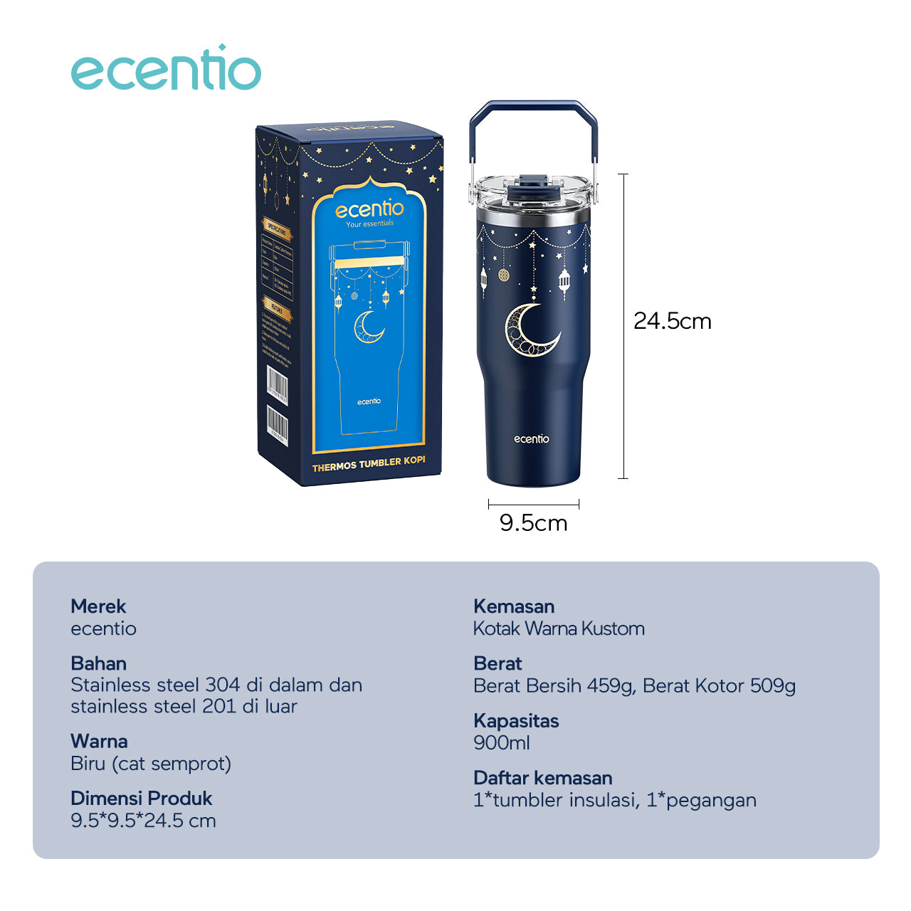 【Ramadan Exclusive】ecentio tumbler Stainless Vacuum 900ml Portable Thermos Botol minum besar