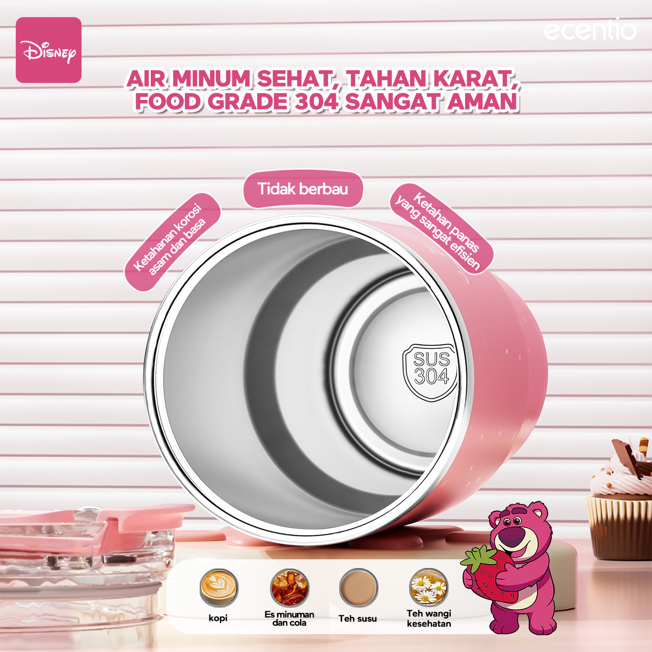 【ORI】ecentio X Toy story tumbler Stainless Vacuum 900ml Disney Lotso Portable Thermos Botol minum besar
