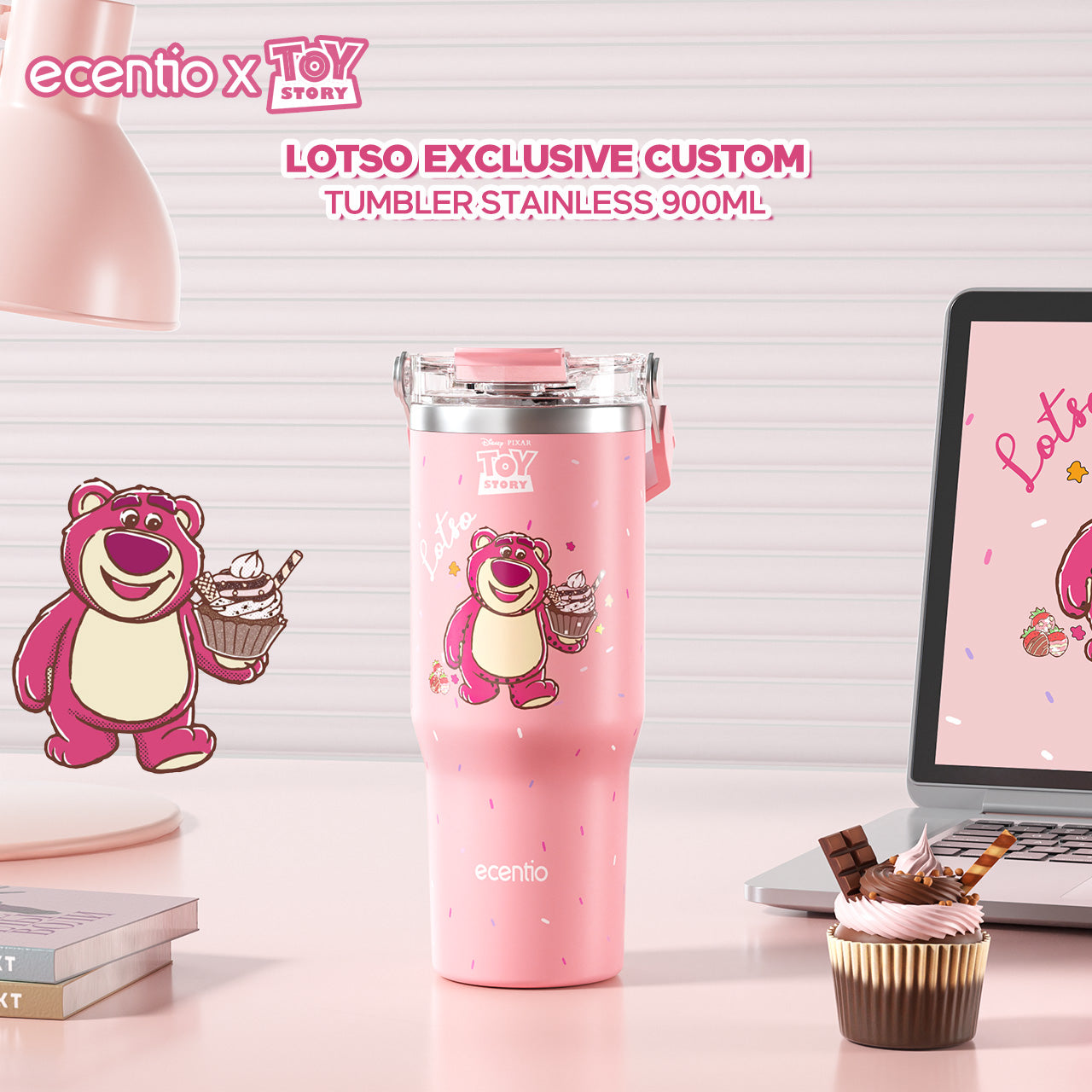 【ORI】ecentio X Toy story tumbler Stainless Vacuum 900ml Disney Lotso Portable Thermos Botol minum besar