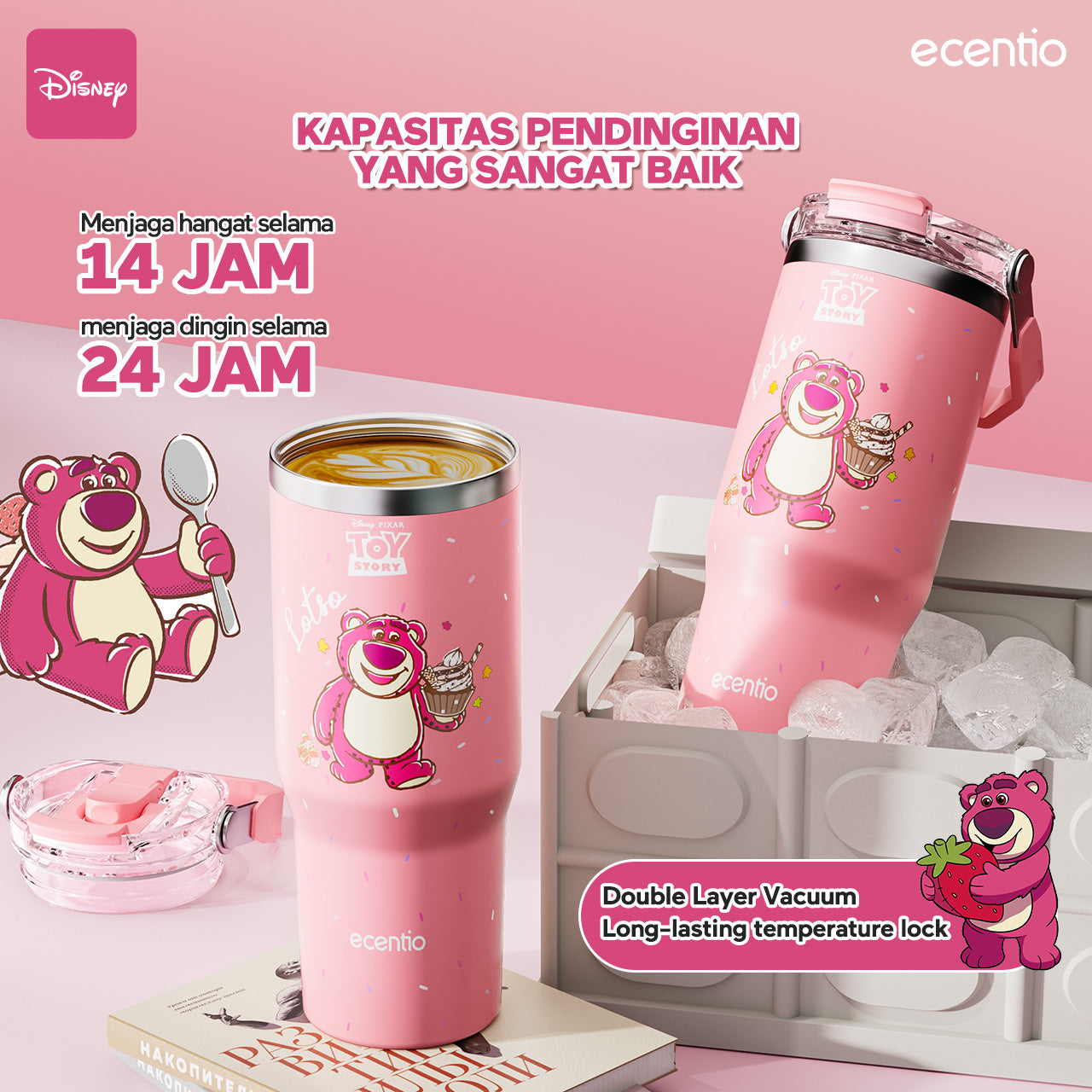 【ORI】ecentio X Toy story tumbler Stainless Vacuum 900ml Disney Lotso Portable Thermos Botol minum besar