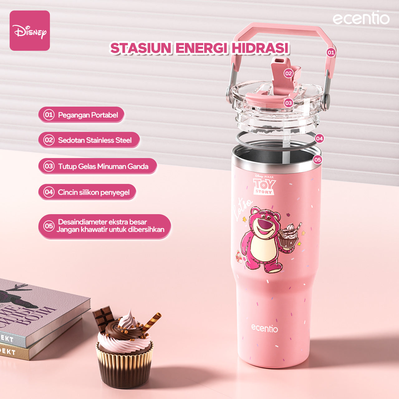 【ORI】ecentio X Toy story tumbler Stainless Vacuum 900ml Disney Lotso Portable Thermos Botol minum besar