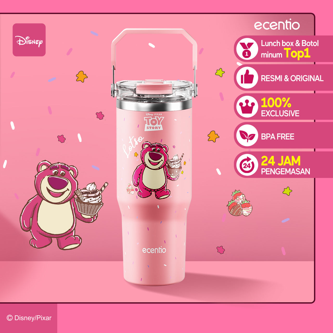 【ORI】ecentio X Toy story tumbler Stainless Vacuum 900ml Disney Lotso Portable Thermos Botol minum besar