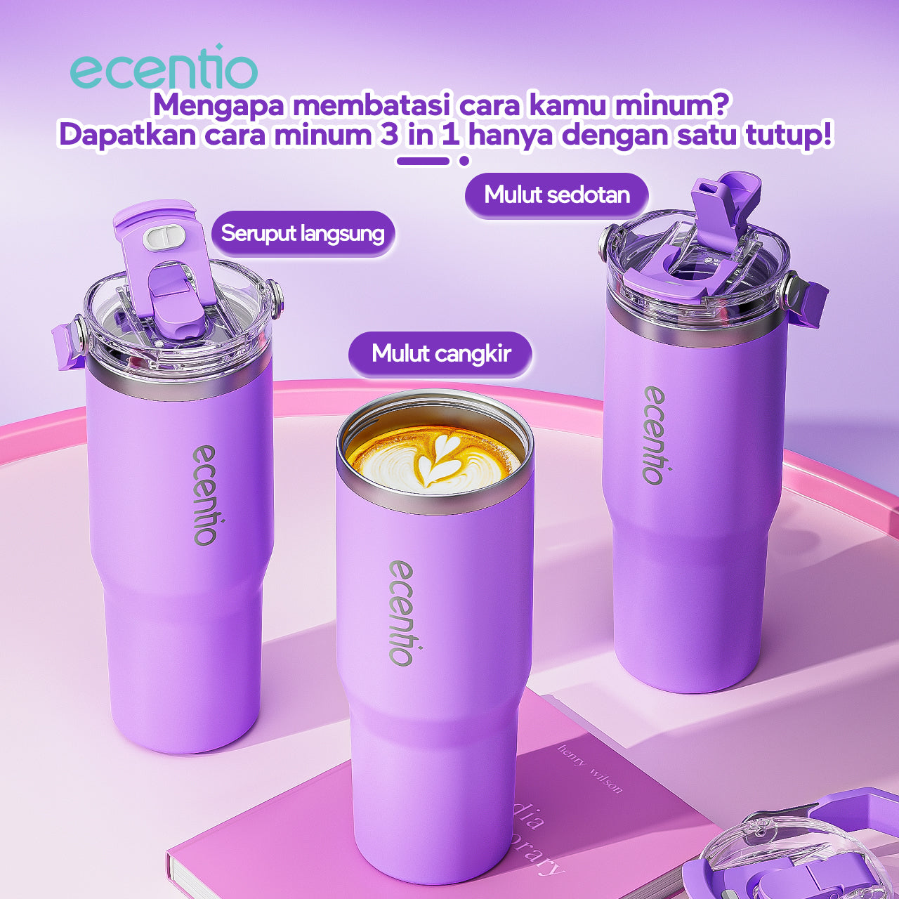 ecentio tumbler Stainless Vacuum 900ml ungu briu/pink/beige Portable Thermos Botol minum besar