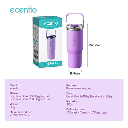 ecentio tumbler Stainless Vacuum 900ml ungu briu/pink/beige Portable Thermos Botol minum besar