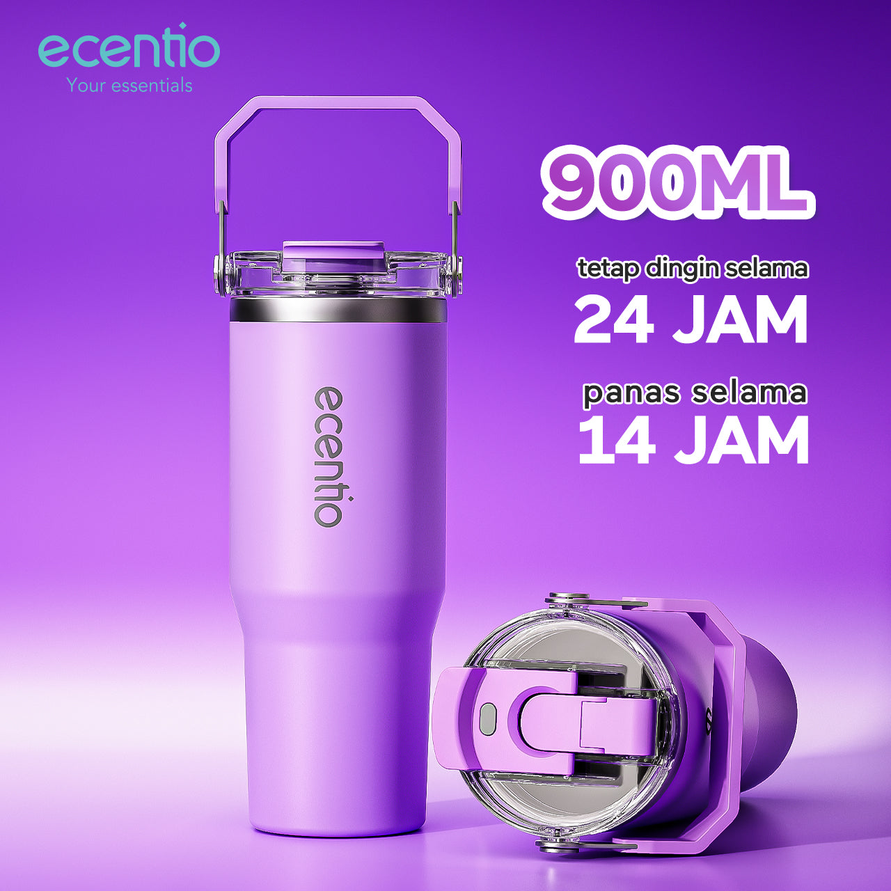 ecentio tumbler Stainless Vacuum 900ml ungu briu/pink/beige Portable Thermos Botol minum besar