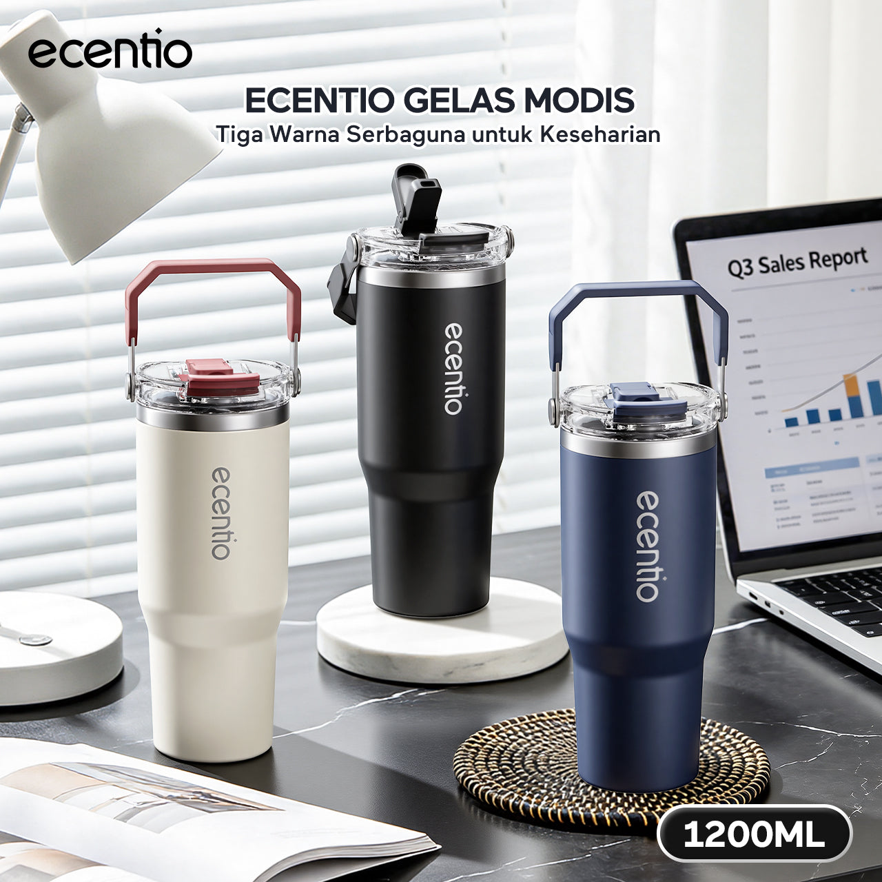 ecentio Tumbler Stainless 304 1200ml Desain Minimalis Elegan, Botol Minum Besar Portable Anti Bocor, Thermos Tahan Panas Dingin 24 Jam Dengan Sedotan, Cocok untuk Minum Kopi, Sekolah & Penggunaan Sehari-Hari