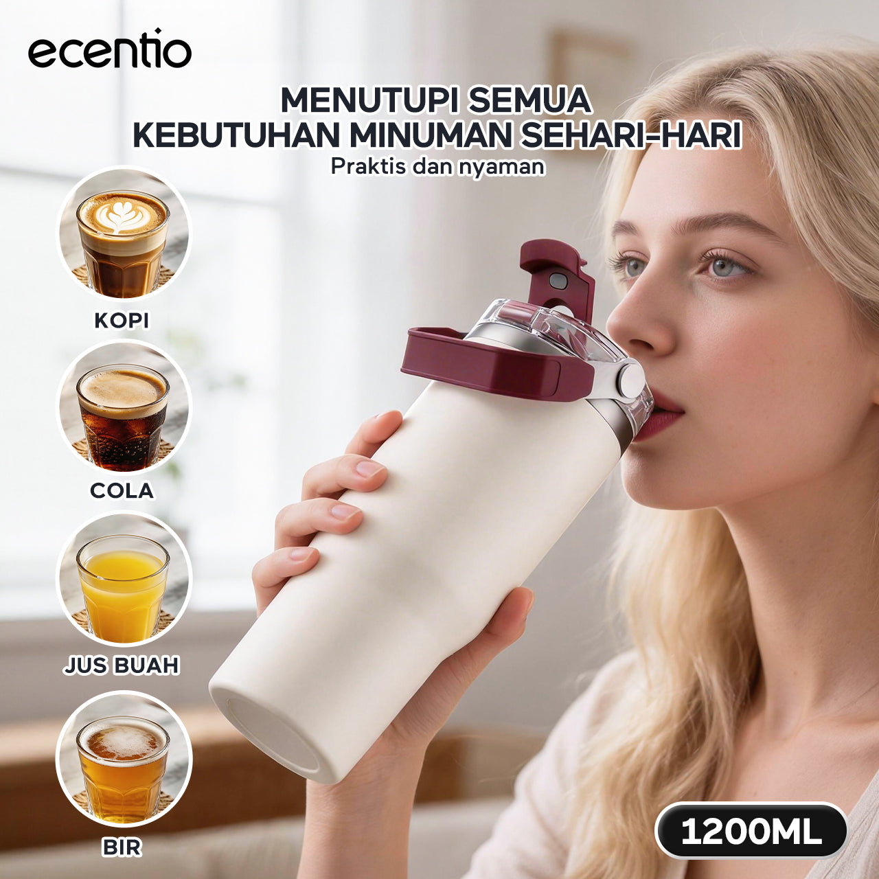 ecentio Tumbler Stainless 304 1200ml Desain Minimalis Elegan, Botol Minum Besar Portable Anti Bocor, Thermos Tahan Panas Dingin 24 Jam Dengan Sedotan, Cocok untuk Minum Kopi, Sekolah & Penggunaan Sehari-Hari