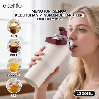ecentio Tumbler Stainless 304 1200ml Desain Minimalis Elegan, Botol Minum Besar Portable Anti Bocor, Thermos Tahan Panas Dingin 24 Jam Dengan Sedotan, Cocok untuk Minum Kopi, Sekolah & Penggunaan Sehari-Hari