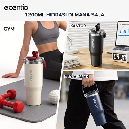 ecentio Tumbler Stainless 304 1200ml Desain Minimalis Elegan, Botol Minum Besar Portable Anti Bocor, Thermos Tahan Panas Dingin 24 Jam Dengan Sedotan, Cocok untuk Minum Kopi, Sekolah & Penggunaan Sehari-Hari