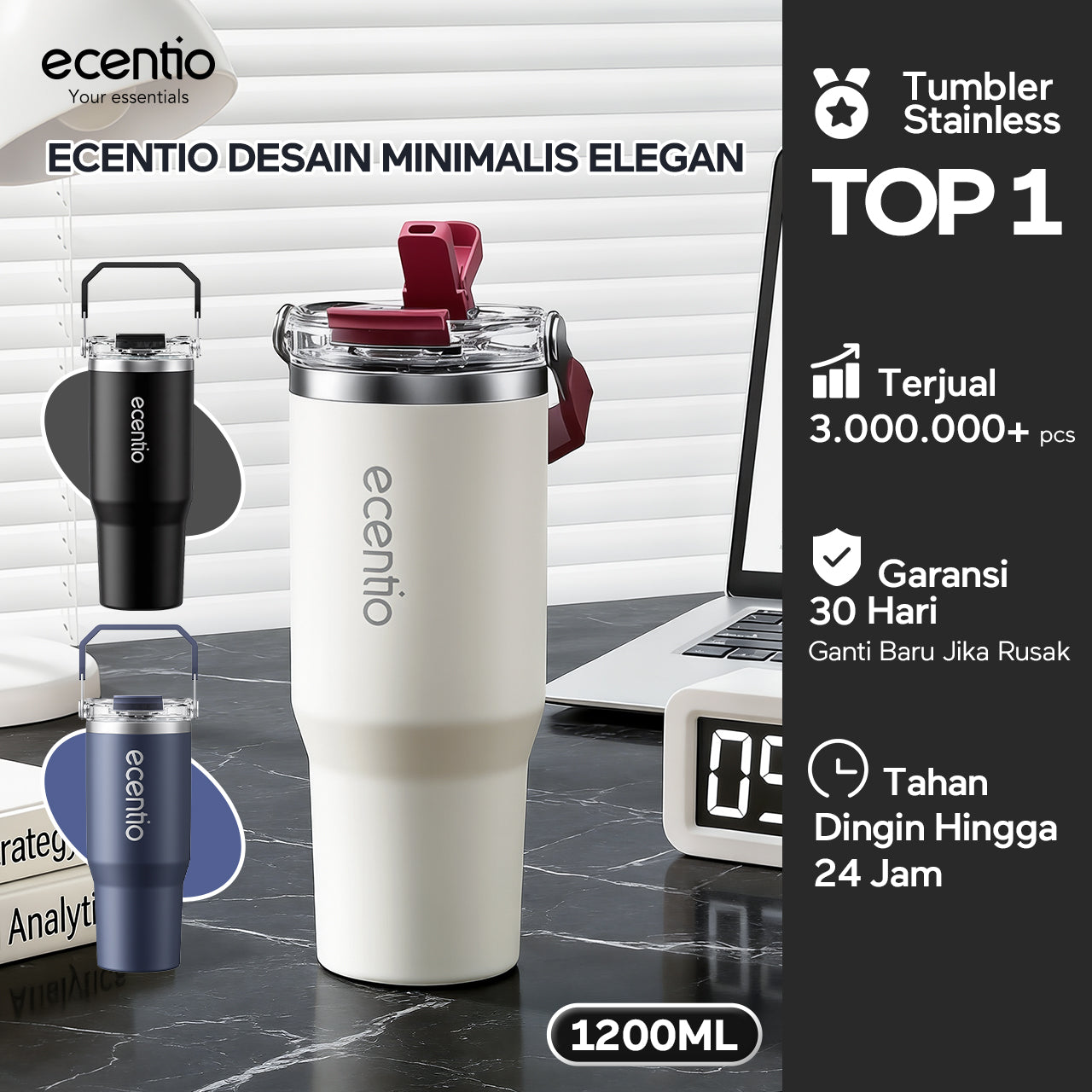 ecentio Tumbler Stainless 304 1200ml Desain Minimalis Elegan, Botol Minum Besar Portable Anti Bocor, Thermos Tahan Panas Dingin 24 Jam Dengan Sedotan, Cocok untuk Minum Kopi, Sekolah & Penggunaan Sehari-Hari