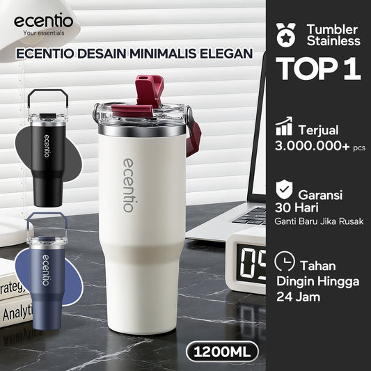 ecentio Tumbler Stainless 304 1200ml Desain Minimalis Elegan, Botol Minum Besar Portable Anti Bocor, Thermos Tahan Panas Dingin 24 Jam Dengan Sedotan, Cocok untuk Minum Kopi, Sekolah & Penggunaan Sehari-Hari