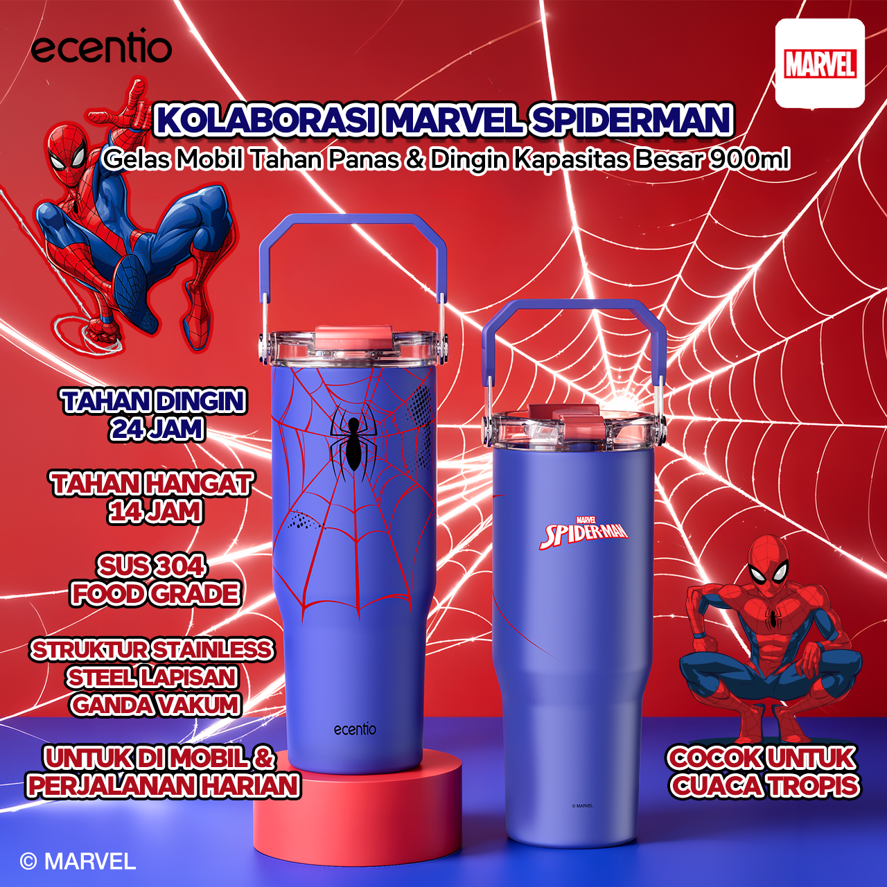 ecentio tumbler stainless 900ml Disney Spider Man botol minum aesthetic olahraga portable termos air panas botol minum 1 liter anti tumpah tahan panas 24 jam handle tersembunyi
