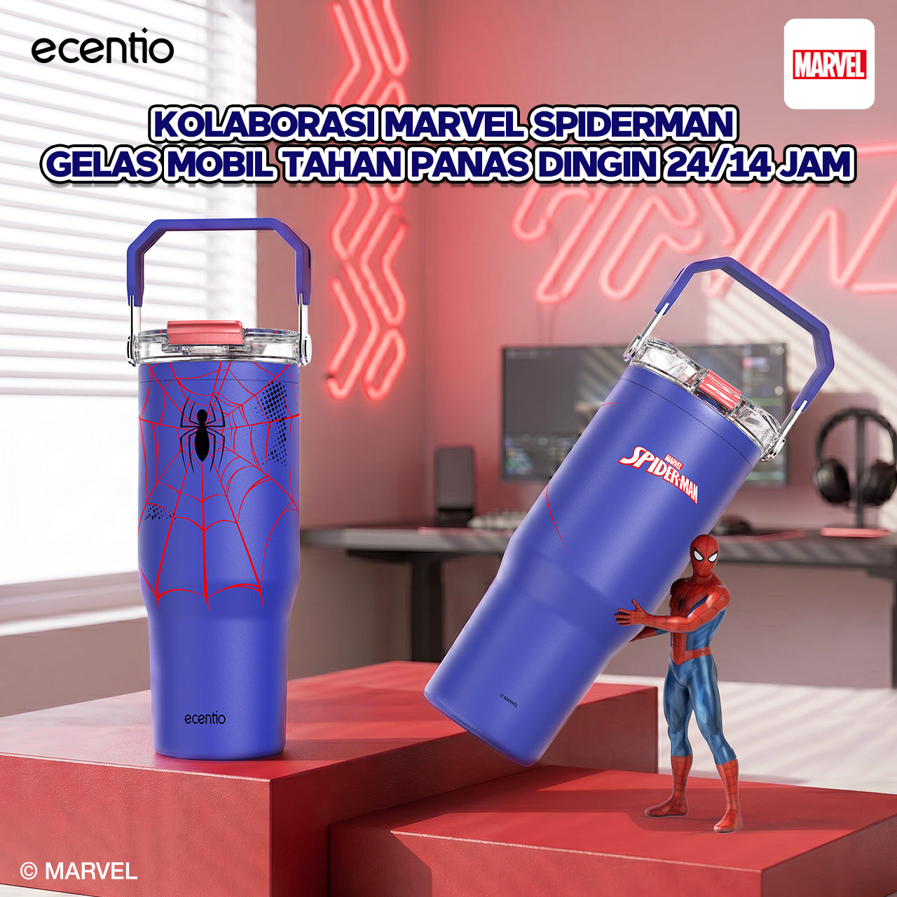 ecentio tumbler stainless 900ml Disney Spider Man botol minum aesthetic olahraga portable termos air panas botol minum 1 liter anti tumpah tahan panas 24 jam handle tersembunyi