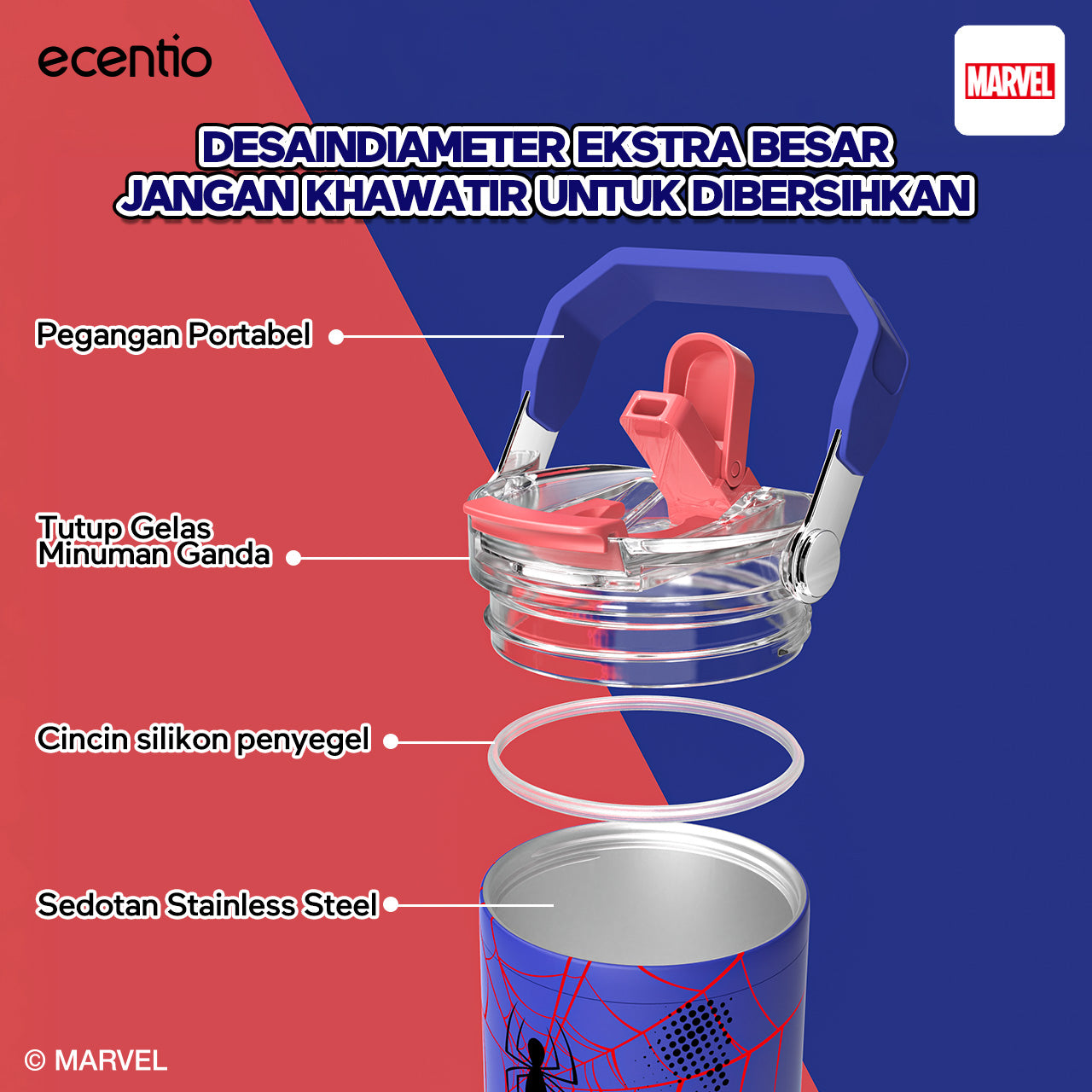 ecentio tumbler stainless 900ml Disney Spider Man botol minum aesthetic olahraga portable termos air panas botol minum 1 liter anti tumpah tahan panas 24 jam handle tersembunyi