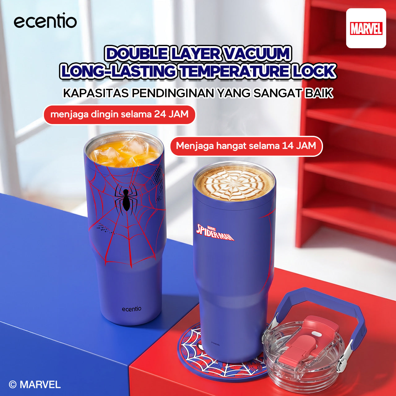 ecentio tumbler stainless 900ml Disney Spider Man botol minum aesthetic olahraga portable termos air panas botol minum 1 liter anti tumpah tahan panas 24 jam handle tersembunyi