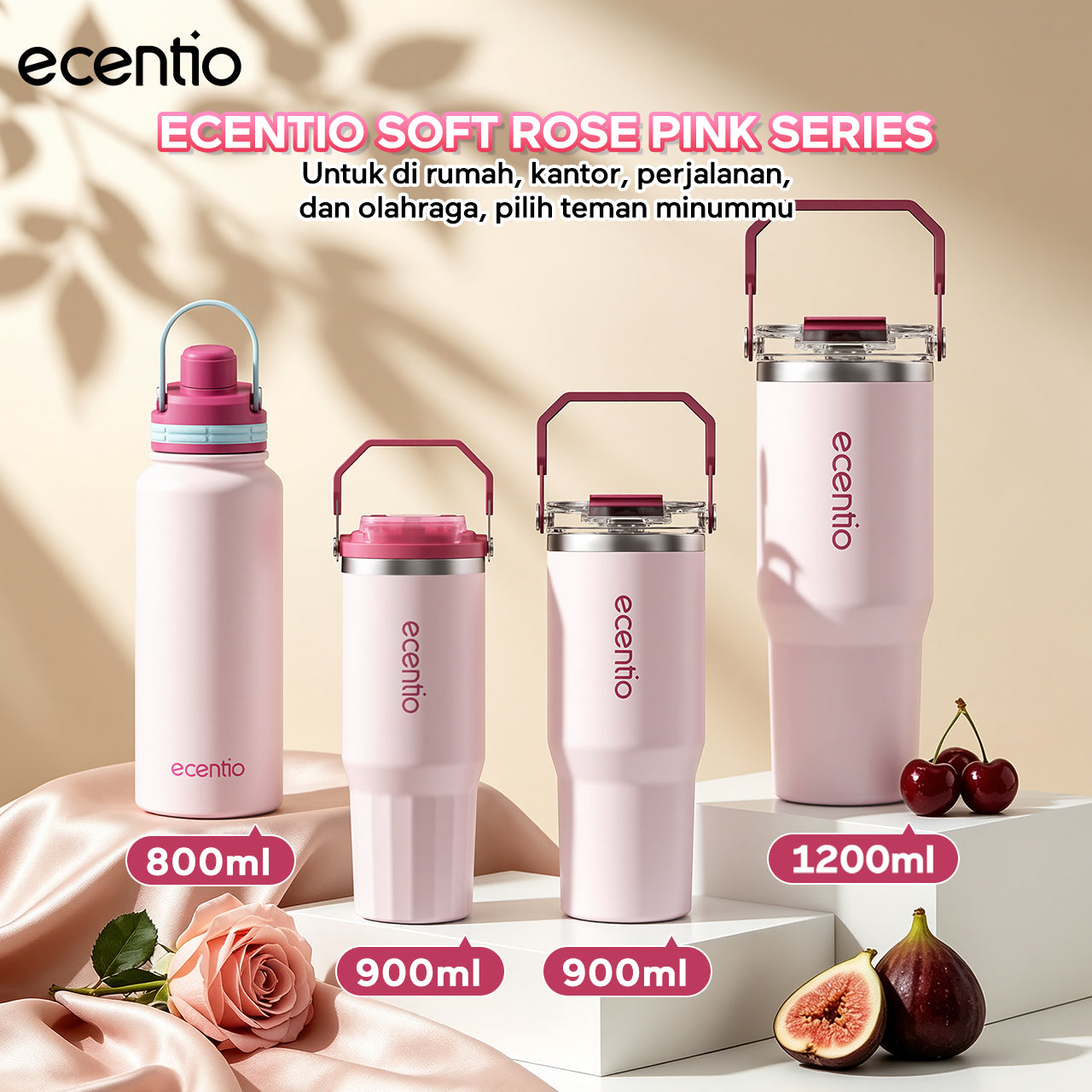 [Soft Rose Pink Series] ecentio Tumbler Stainless 900ml/1200ml Portable Thermos Botol Minum Besar Dengan Tas Tahan Panas Dingin 24 Jam Aesthetic Lucu Termos Air Panas Kopi Dengan Sedotan Cocok Untuk Sekolah Anak Laki-Laki