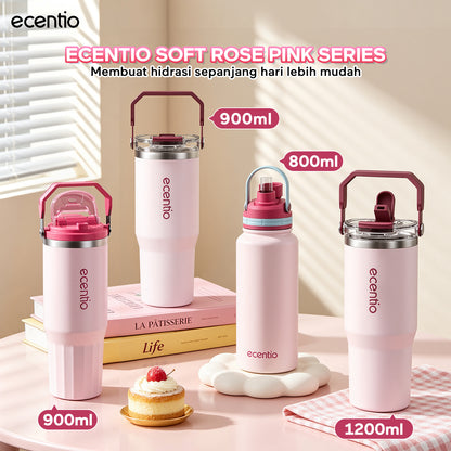 [Soft Rose Pink Series] ecentio Tumbler Stainless 900ml/1200ml Portable Thermos Botol Minum Besar Dengan Tas Tahan Panas Dingin 24 Jam Aesthetic Lucu Termos Air Panas Kopi Dengan Sedotan Cocok Untuk Sekolah Anak Laki-Laki