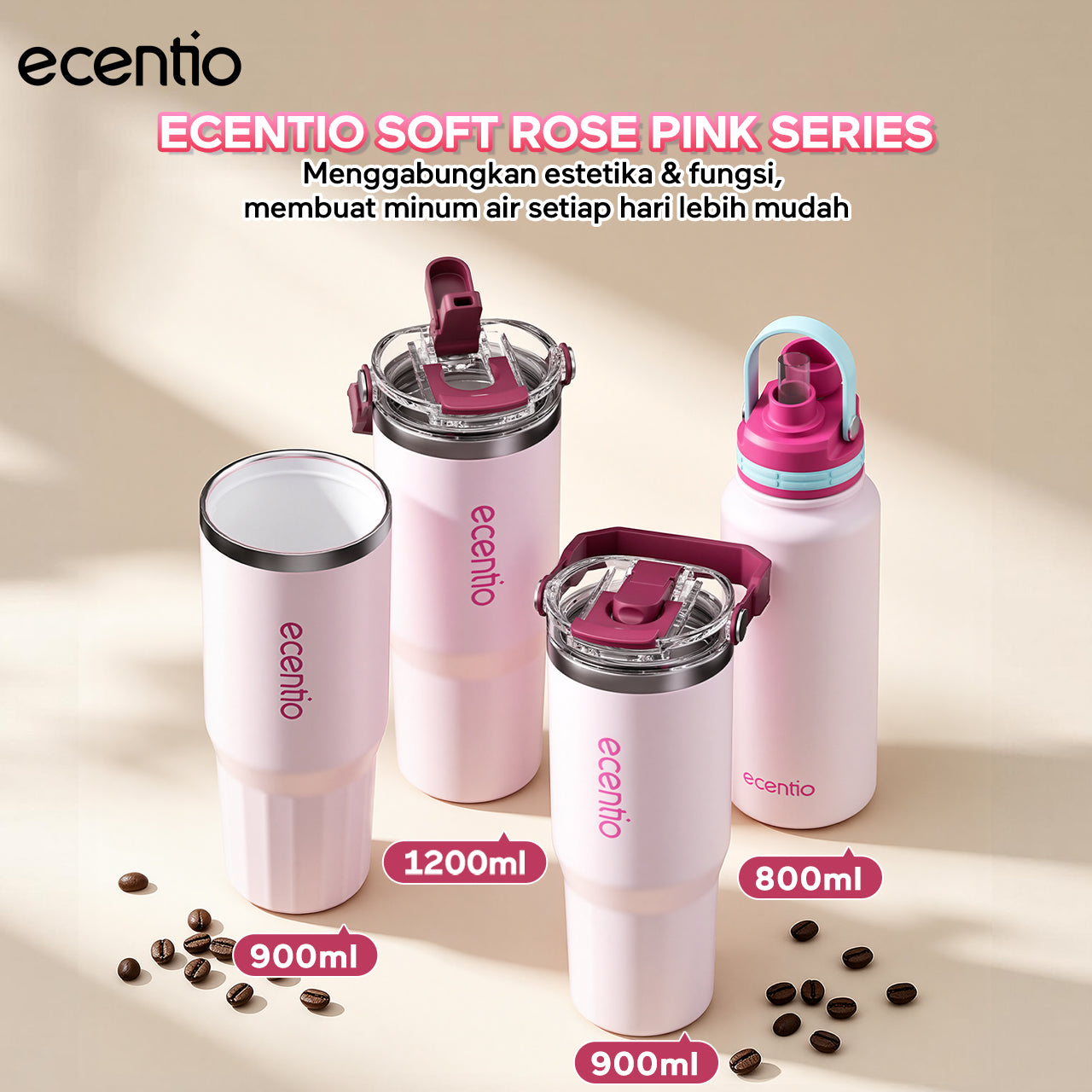 [Soft Rose Pink Series] ecentio Tumbler Stainless 900ml/1200ml Portable Thermos Botol Minum Besar Dengan Tas Tahan Panas Dingin 24 Jam Aesthetic Lucu Termos Air Panas Kopi Dengan Sedotan Cocok Untuk Sekolah Anak Laki-Laki