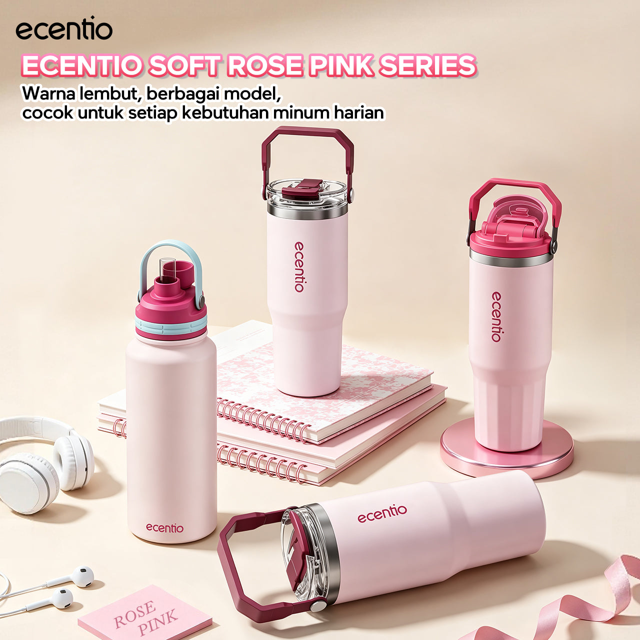 [Soft Rose Pink Series] ecentio Tumbler Stainless 900ml/1200ml Portable Thermos Botol Minum Besar Dengan Tas Tahan Panas Dingin 24 Jam Aesthetic Lucu Termos Air Panas Kopi Dengan Sedotan Cocok Untuk Sekolah Anak Laki-Laki